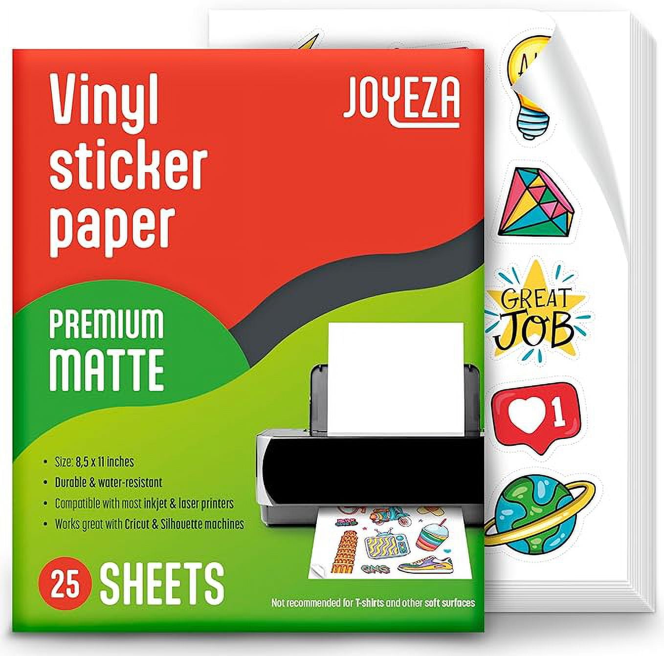 JOYEZA Premium Printable Vinyl Sticker Paper for Inkjet Printer - 25 ...