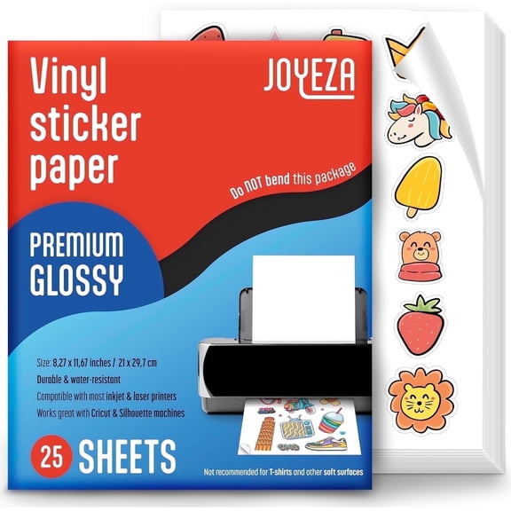 JOYEZA Inkjet Printer Printable Vinyl Sticker Paper, Glossy White, 25 Sheets