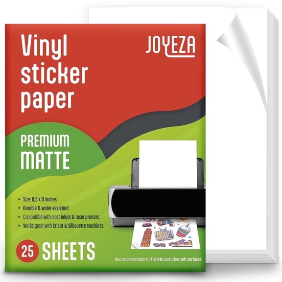 JOYEZA Printable Vinyl Sticker Paper Inkjet Printer Adhesive Paper, 8.5 x 11 in, White, 25 Sheets
