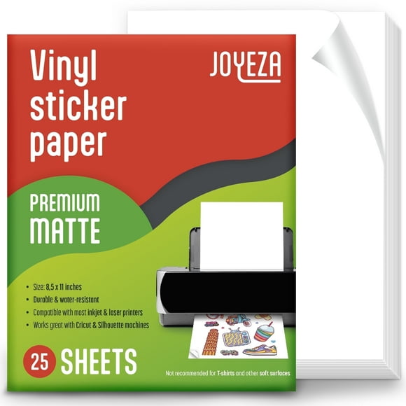 JOYEZA Printable Vinyl Sticker White Paper for Inkjet Printer Adhesive Paper 8.5 x 11 in 25 Sheets