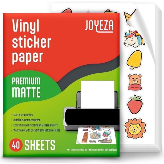 JOYEZA Printable Vinyl Sticker White Paper for Inkjet Printer Adhesive Paper 8.5 x 11 in 40 Sheets