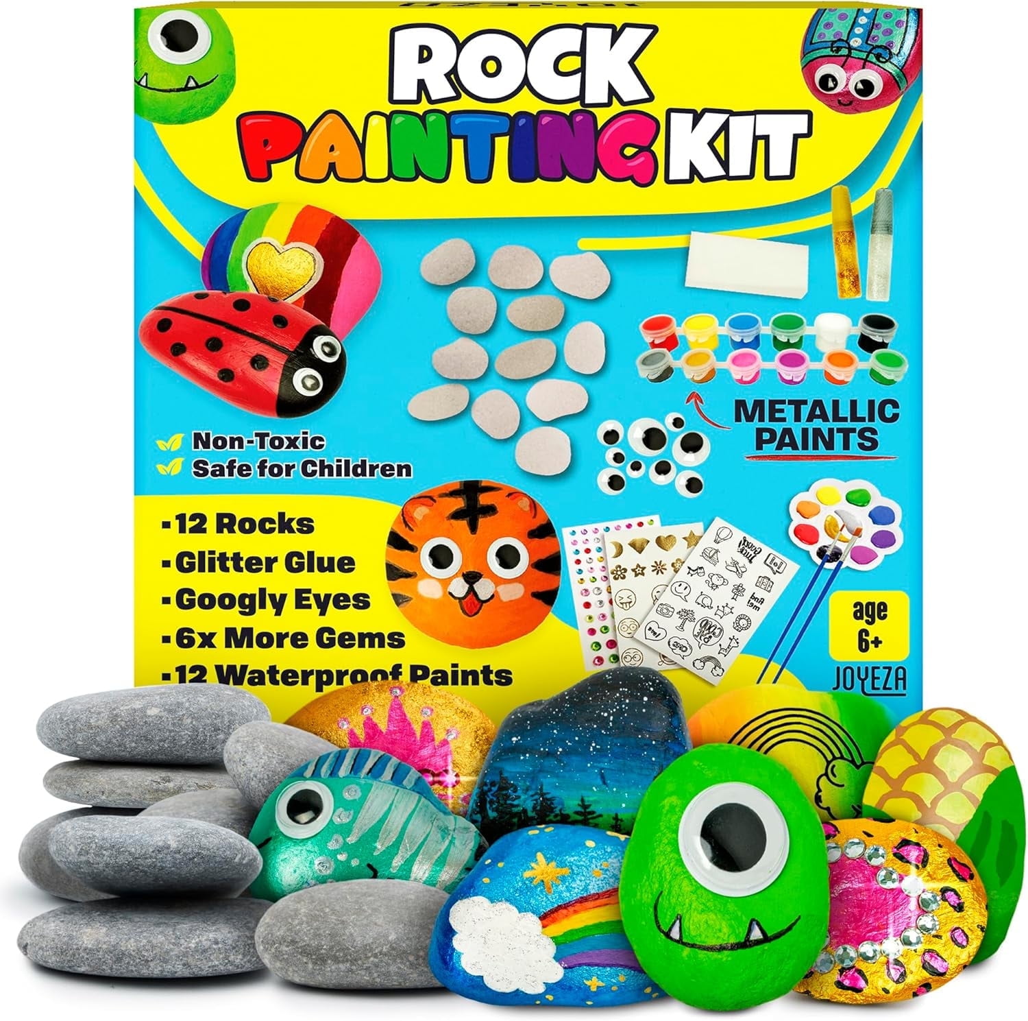 JOYEZA Rock Painting Arts and Crafts Kit with 12 Rocks, Paints, and Accessories