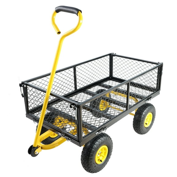 JOYFULIN Garden Cart, 660LBS Capacity Mesh Steel Garden Wagon with Handle, Removable Sides and 10" All Terrain Tires, Heavy-Duty Utility Cart for Yard, Lawn, and Outdoor Use, Black and Yellow