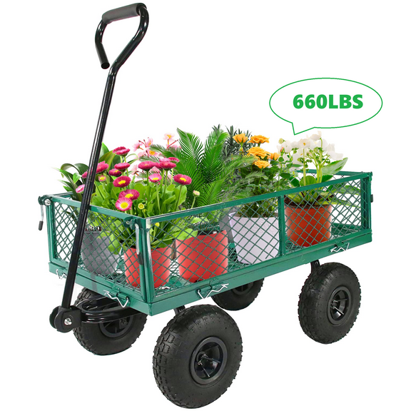 JOYFULIN Garden Cart, 660LBS Capacity Mesh Steel Garden Wagon with Handle, Removable Sides and 10" All Terrain Tires, Heavy-Duty Utility Cart for Yard, Lawn, and Outdoor Use, Green