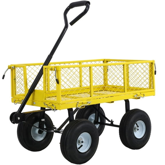 JOYFULIN Steel Garden Cart, 550LBS Heavy Duty Garden Wagon Cart with 10" All Terrain Tires, Mesh Removable Sides and 180°Rotating Handle, Metal Utility Wagon for Yard, Lawn, and Outdoor Use, Yellow