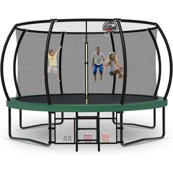JOYFULIN Trampoline, 12FT Trampoline for 1-2 Adults or 4-5 Kids, 1200LBS Trampoline with Enclosure, Basketball Hoop, Shoes Bags, Galvanized Full Spray Outdoor Recreational Round Trampolines