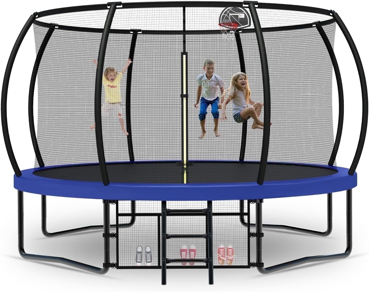 JOYFULIN Trampoline, 12FT Trampoline for 1-2 Adults or 4-5 Kids, 1200LBS Trampoline with Enclosure, Basketball Hoop, Shoes Bags, Galvanized Full Spray Outdoor Recreational Round Trampolines