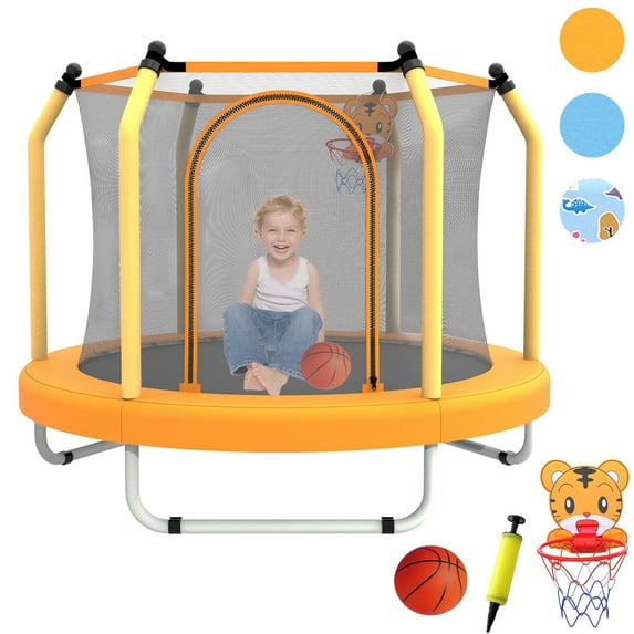 JOYFULIN Trampoline for Kids, 55'' Mini Indoor Outdoor Toddler Trampoline with Enclosure, Basketball Hoop and Ball, 400LBS Capacity for Boys & Girls