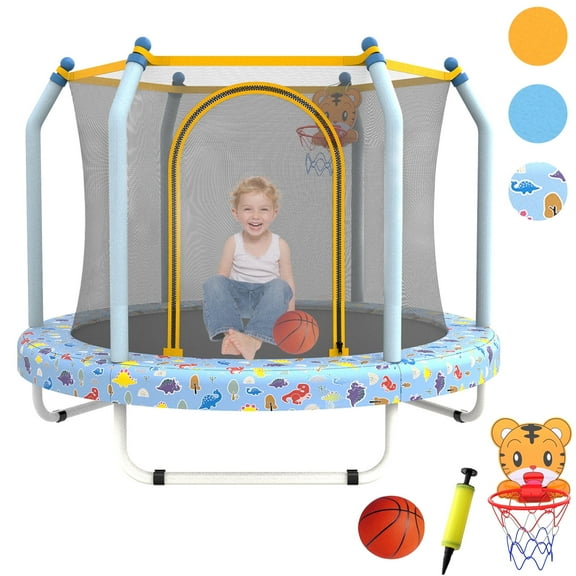 JOYFULIN Trampoline for Kids, 55'' Mini Indoor Outdoor Toddler Trampoline with Enclosure, Basketball Hoop and Ball, 400LBS Capacity for Boys & Girls