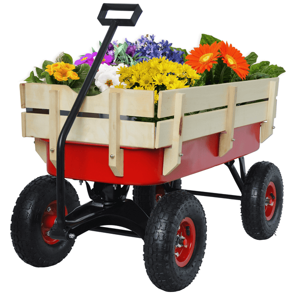 JOYFULIN Wagon Cart for Kids, 220LBS Capacity Heavy Duty Utility Wagon with 10'' Rubber Wheels, Removable Wooden Sides, All Terrain Pulling Garden Cart for Grocery Beach Shopping Camping (Red)