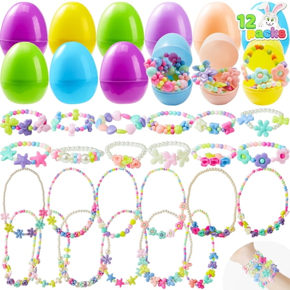 Joyfy 12 Pack Prefilled Easter Eggs with Toys,Easter Eggs Filled with Necklaces and Bracelets Girls Jewelry Set for Easter Basket Stuffers and Classroom Exchange Party Favors