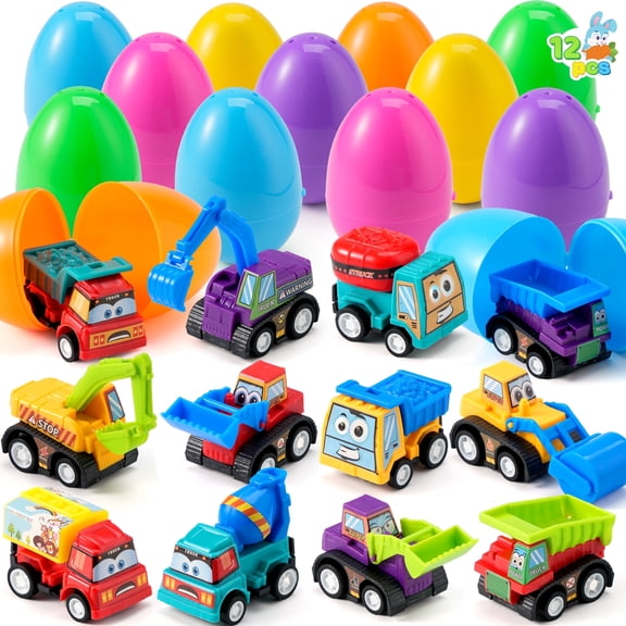 Joyfy 12 Packs Easter Eggs Filled with Cars,Easter Egg Fillers Mini Toys Truck Basket for Toddlers Kids Boys,Easter Egg Hunt Supplies