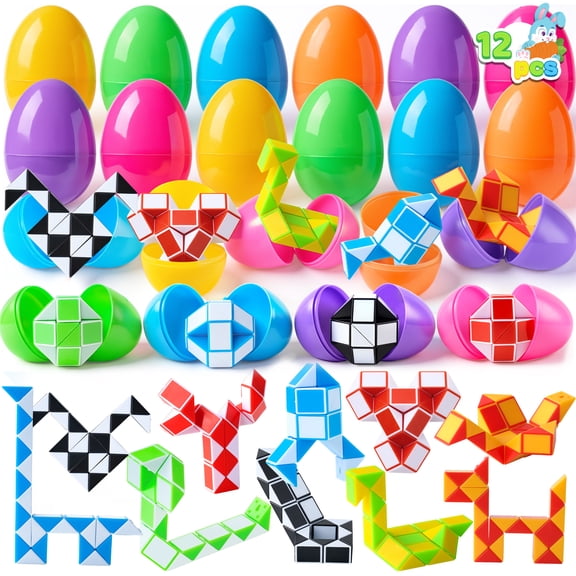 Joyfy 12 Pcs Pre Filled Easter Eggs with Mini Snake Cubes Twist Puzzle Toys Snake Speed Cube Fidget for Kids Easter Party Favor Egg Hunt Classroom Exchange and Prize Supplies