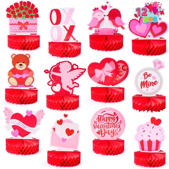 Joyfy 12 Pcs Valentine Honeycomb Centerpieces for Table Decorations, with Red Pink Heart Bear Centerpieces Decor for Kids Birthday Valentine Day Party Supplies