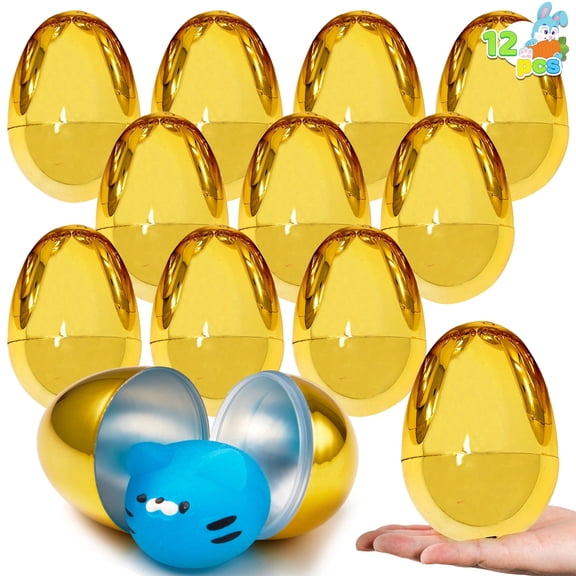 Joyfy 12 Pcs Gold Easter Eggs, 2.3" Metallic Plastic Empty Golden Eggs Fillable for Easter Hunt, Filling Treats, Party Favor, Basket Stuffers, Classroom Prizes