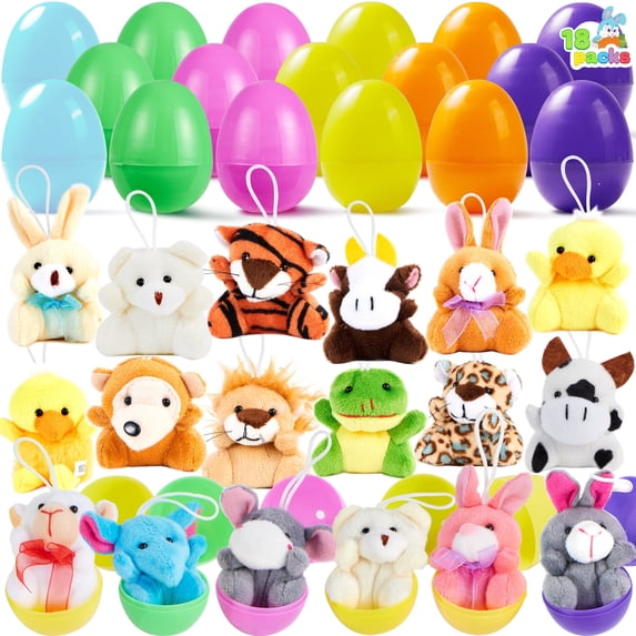 Joyfy 18 Pack Prefilled Easter Eggs with Toys,Easter Eggs with Mini Stuffed Animals Keychain Plush Toys for Kids Toddler,Easter Basket Filler Egg Hunt Filler Stuffer