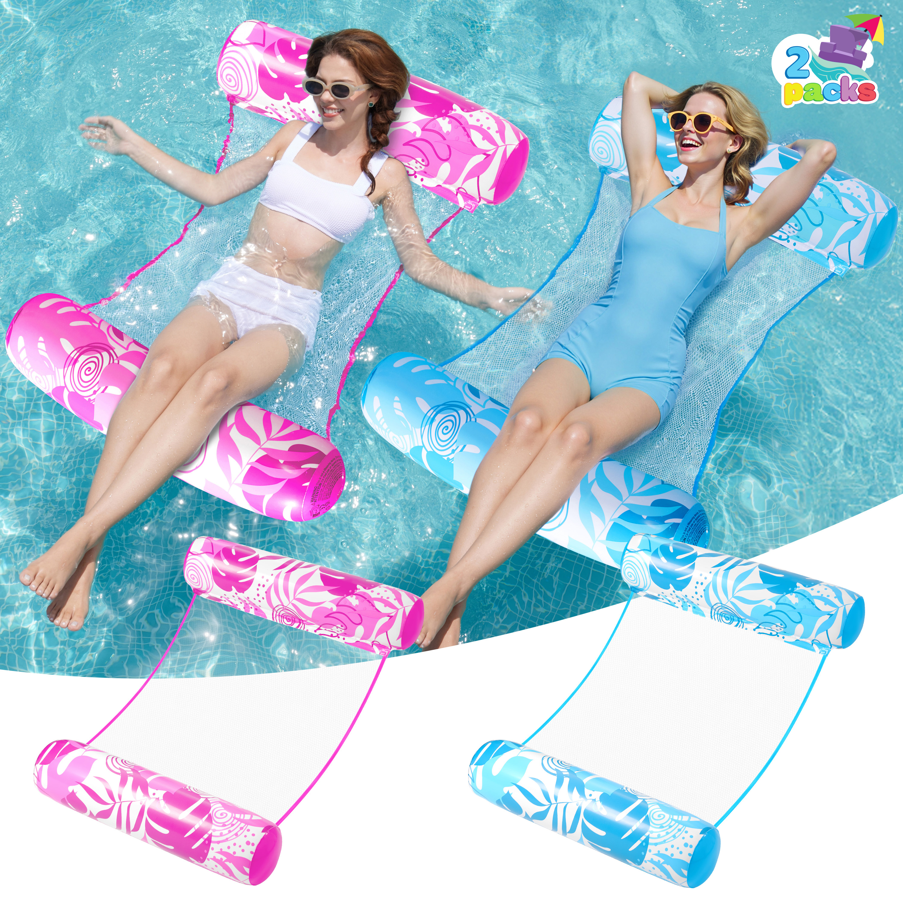 JOYFY 2 Packs Inflatable Pool Float Hammock, 4 in 1 Pool Floaties for Adults, Swimming Pool Accessories (Saddle, Lounge Chair, Hammock, Drifter) for Pool, Beach, Outdoor