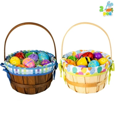 JOYFY 2 Pcs Easter Baskets,Easter Woven Woodchip Basket with Lining,Handmade Wicker Easter Basket with Handle for Easter Egg Hunt,Picnic