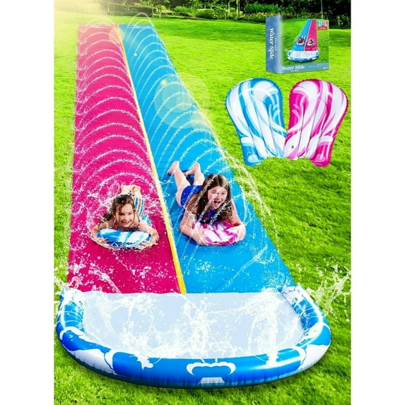 JOYFY 22.5ft Double Water Slide, Heavy Duty Lawn Water Slide with Sprinkler, and 2 Slip Inflatable Boards for Summer Yard Lawn Outdoor Water Play Activities