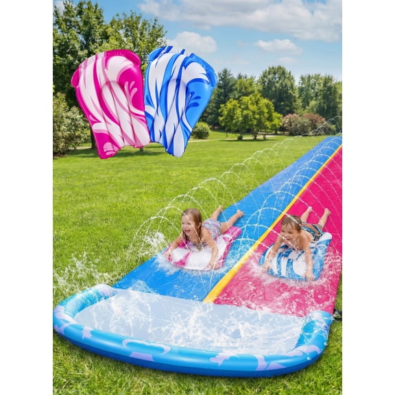 Joyfy 22.5ft Double Water Slide, Heavy Duty Lawn Water Slide with Sprinkler, and 2 Slip Inflatable Boards for Summer Yard Lawn Outdoor Water Play Activities