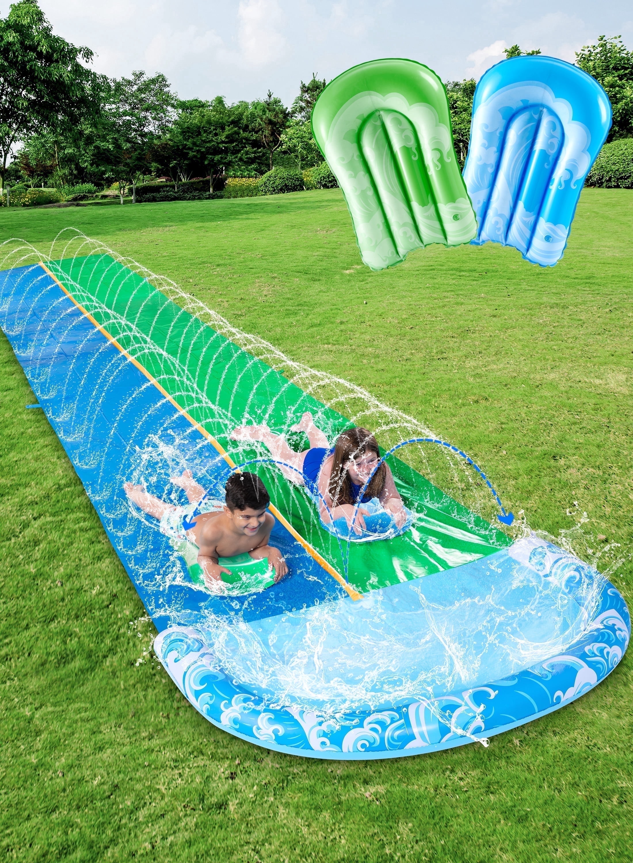 Joyfy 22.5ft Triple Water Slide and 2 Inflatable Boards, Backyard Summer Lawn Water Slides Waterslide and Slip Sprinkler Water Toy for Kids Adults Outdoor Fun Blue/Green