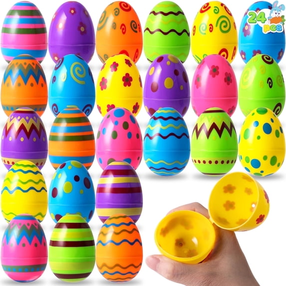 Joyfy Printed Easter Eggs 24 Pcs 3.15", Plastic Fillable Easter Eggs in Bulk, Empty Colorful Eggs for Easter Hunts,Classroom Prize Supplies, Party Favors,Party Supplies