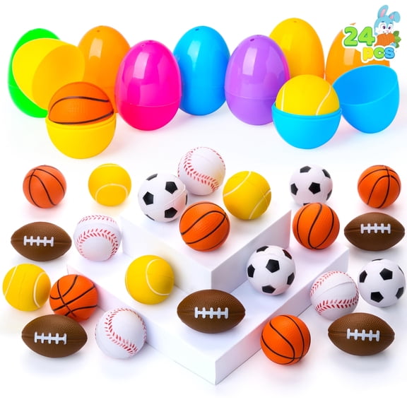 Joyfy 24 Pack Prefilled Easter Eggs with Toys,Easter Eggs Filled with Sports Stress Balls Squishy Toy for Easter Basket Stuffers and Classroom Exchange Party Favors