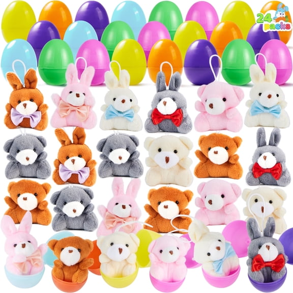 Joyfy 24 Pack Prefilled Easter Eggs with Toys,Easter Eggs with Mini Stuffed Animals Keychain Plush Bunnies and Bears Toys for Kids Toddler,Easter Basket Filler Egg Hunt Filler Stuffer