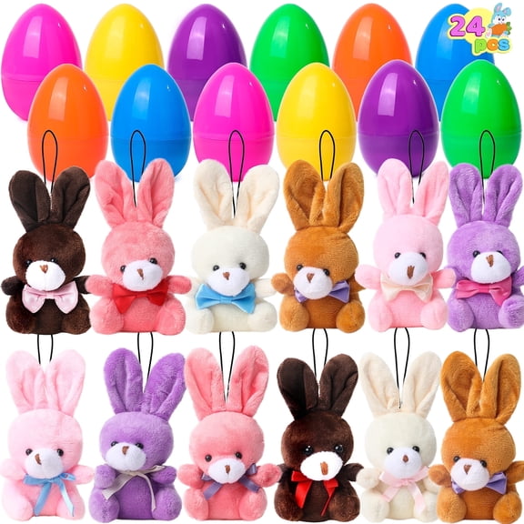 Joyfy 24 Pack Prefilled Easter Eggs with Toys,Easter Eggs with Mini Stuffed Animals Plush Bunnies Toys,Easter Basket Filler Egg Hunt Filler Stuffer