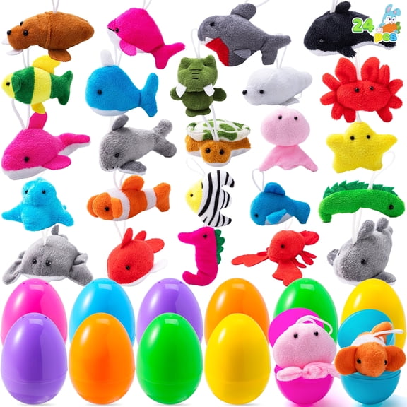Joyfy 24 Pack Prefilled Easter Eggs with Toys,Easter Eggs with Mini Stuffed Sea Animal Plush Toys for Kids Toddler,Easter Basket Filler Egg Hunt Filler Stuffer