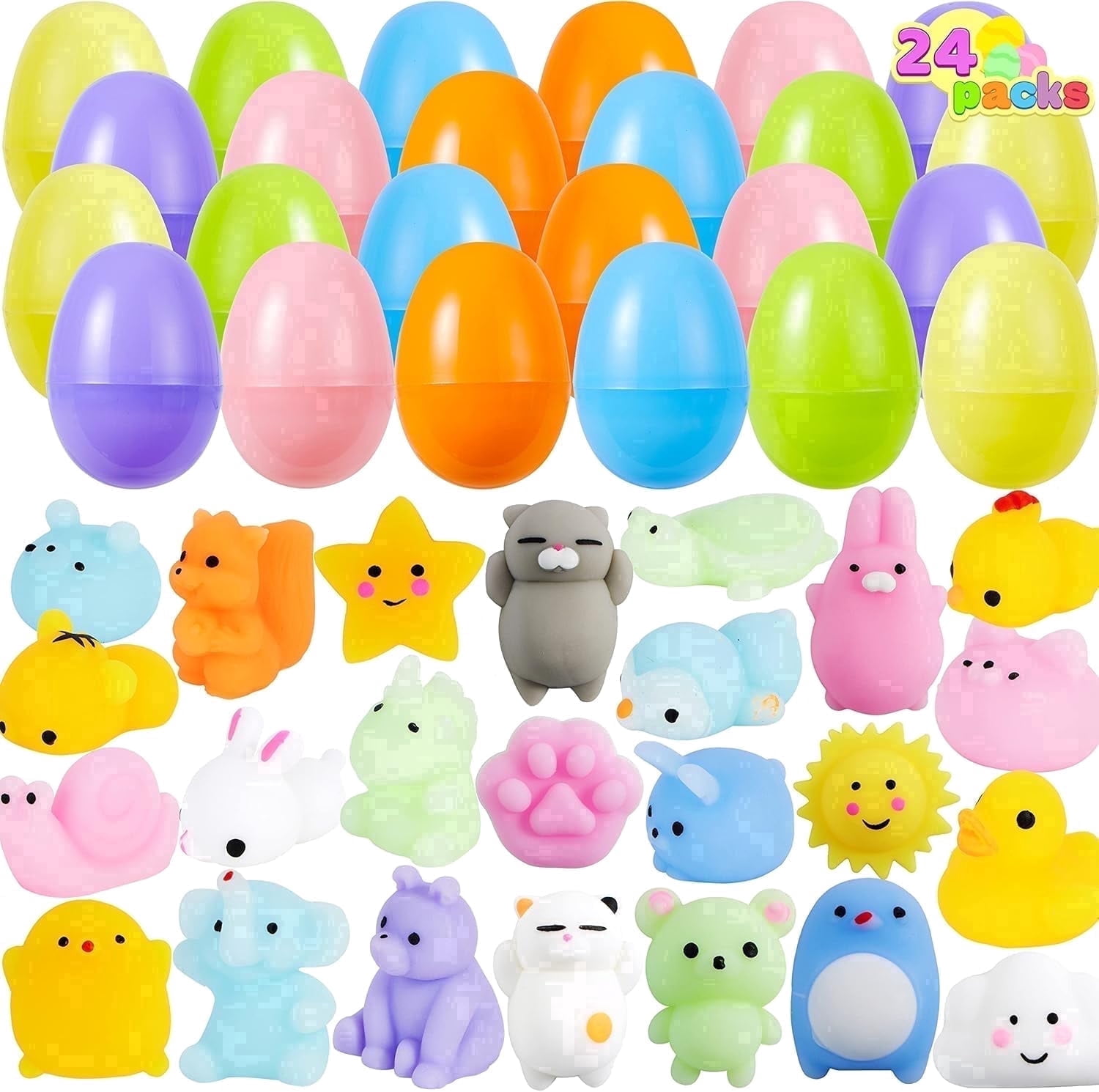 Joyfy 24 Pack Prefilled Easter Eggs with Toys,Mochi Squishy Small Toys for Easter Eggs,Stuffed Easter Baskets for Toddler Kids