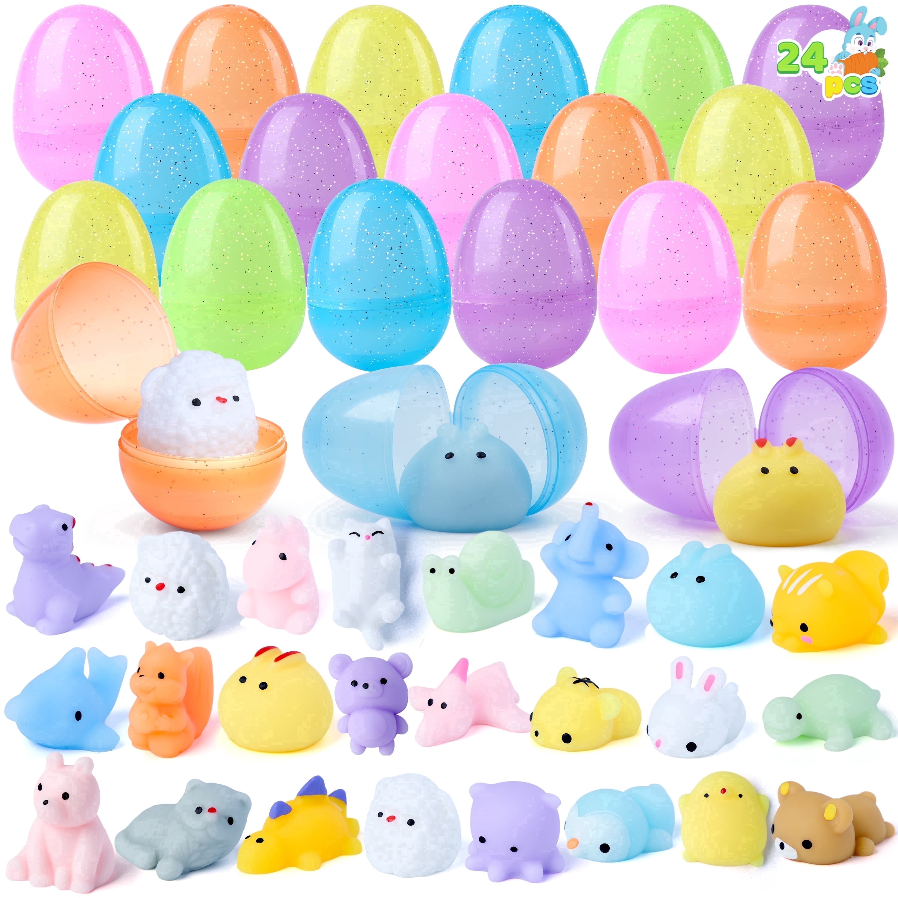 Joyfy 24 Pack Prefilled Glitter Easter Eggs with Toys,Mochi Squishy Small Toys for Easter Eggs,Stuffed Easter Baskets for Toddler Kids