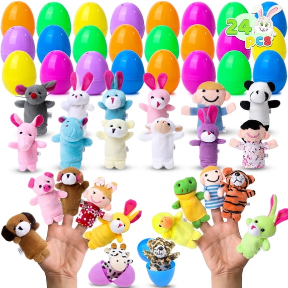 Joyfy 24 Packs Prefilled Easter Eggs with Toys,Easter Eggs with Finger Puppets Toys for Kids Toddler,Easter Basket Classroom Prize Supplies