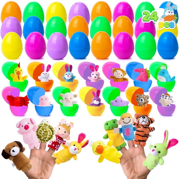 Joyfy 24 Packs Prefilled Easter Eggs with Toys,Easter Eggs with Finger Puppets Toys for Kids Toddler,Easter Basket Classroom Prize Supplies