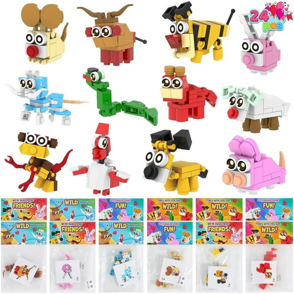 Joyfy 24 Packs Valentines Day Gift Cards with Animal Building Blocks for Valentine Party Favor Toy,Valentine's Classroom Exchange,Kids Classroom School Prize