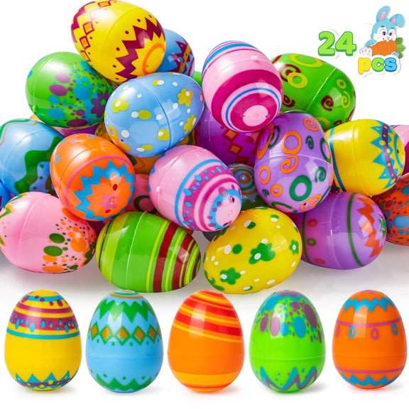 Joyfy 24 Pcs 2.3" Printed Easter Eggs, Empty Easter Eggs Fillable, Colorful Plastic Eggs Bulks for Easter Hunt, Party Favor, Basket Stuffers Filler, Classroom Prize Supplies