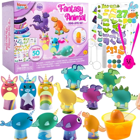 Joyfy 27 Pcs Easter Egg Dye Kit,Animal DIY Easter Egg Decorating Craft Kit with Mermaid,Dinosaur and Unicorn Theme Stickers for Kids,Easter Egg Coloring, Home School Class Egg Crafts