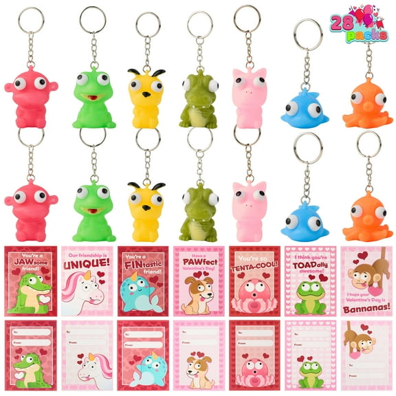 Joyfy 28 Packs Valentines Cards with Animal Popping Eyes Keychains for Kids, Stress Relief Fidget Toys for Kids Valentines Party Favor, Classroom Exchange Prize Gifts