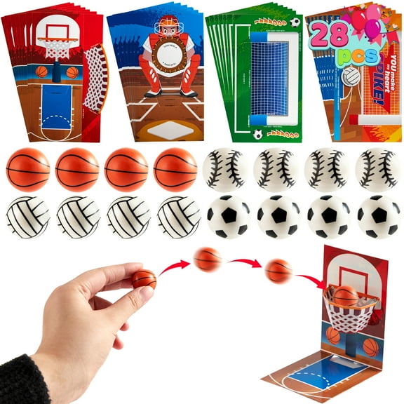 JOYFY 28-Pack Valentine's Day Cards with Football Football Volleyball Basketball for Kids Valentine's Day Classroom Communication, Valentine's Day Party Favors