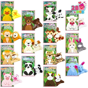 JOYFY 28 Pack Valentines Day Gifts Cards for Kids with Animal Plush Toy Key Chain Stress Relief Fidget Toy for Valentine's Classroom Exchange Cards and Valentines Party Favor