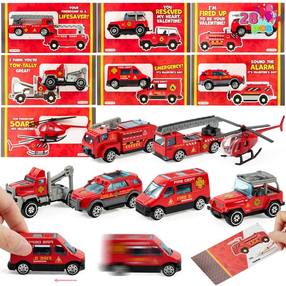 JOYFY 28 Packs Valentines Day Cards with DieCast Fire Rescue Vehicles Toys for Kids Valentine Party Favor, Classroom Exchange Prize and Gifts for Boys, Valentine’s Greeting Cards