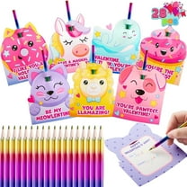 JOYFY 28 Packs Valentines Day Cards for Kids with Rainbow Pencils,Unicorn Rainbow Pencil Bulk Valentines Gifts for Kids Class Exchange Party Favor