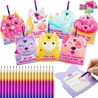 JOYFY 28 Packs Valentines Day Cards for Kids with Rainbow Pencils,Unicorn Rainbow Pencil Bulk Valentines Gifts for Kids Class Exchange Party Favor