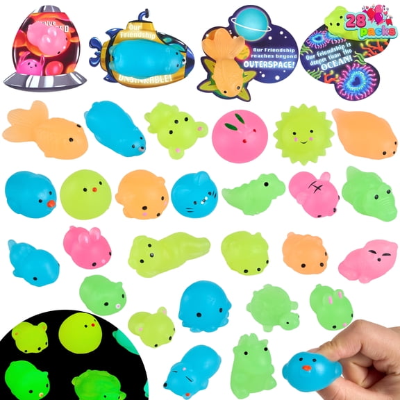 Joyfy 28 Packs Valentines Day Gift Cards with Mochi, Glow in The Dark Mochi squishy toys, Stress Relief Fidget Toys for Kids Valentine's Classroom Exchange, Party Favors, School Prizes