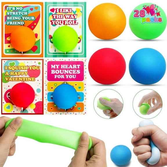 Joyfy 28 Packs Valentines Day Gift Cards with Stress Ball Set Stretchy Squishy Toy Balls Sensory Squeeze Toys Stress Relief Fidget Toys for Kids Classroom Exchange Prizes, Valentine Party Favor