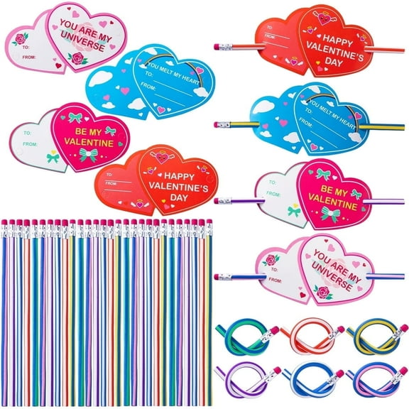 Joyfy 28 Packs Valentine's Day Bendy Pencils Cross Through Heart Shaped Valentine Cards for Valentine's Party Favors,Gift card, Greeting card.