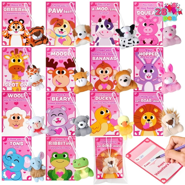 28 Pack Valentines Kid Cards with Mini Plush Animals Toys, Valentines Day Gifts for School