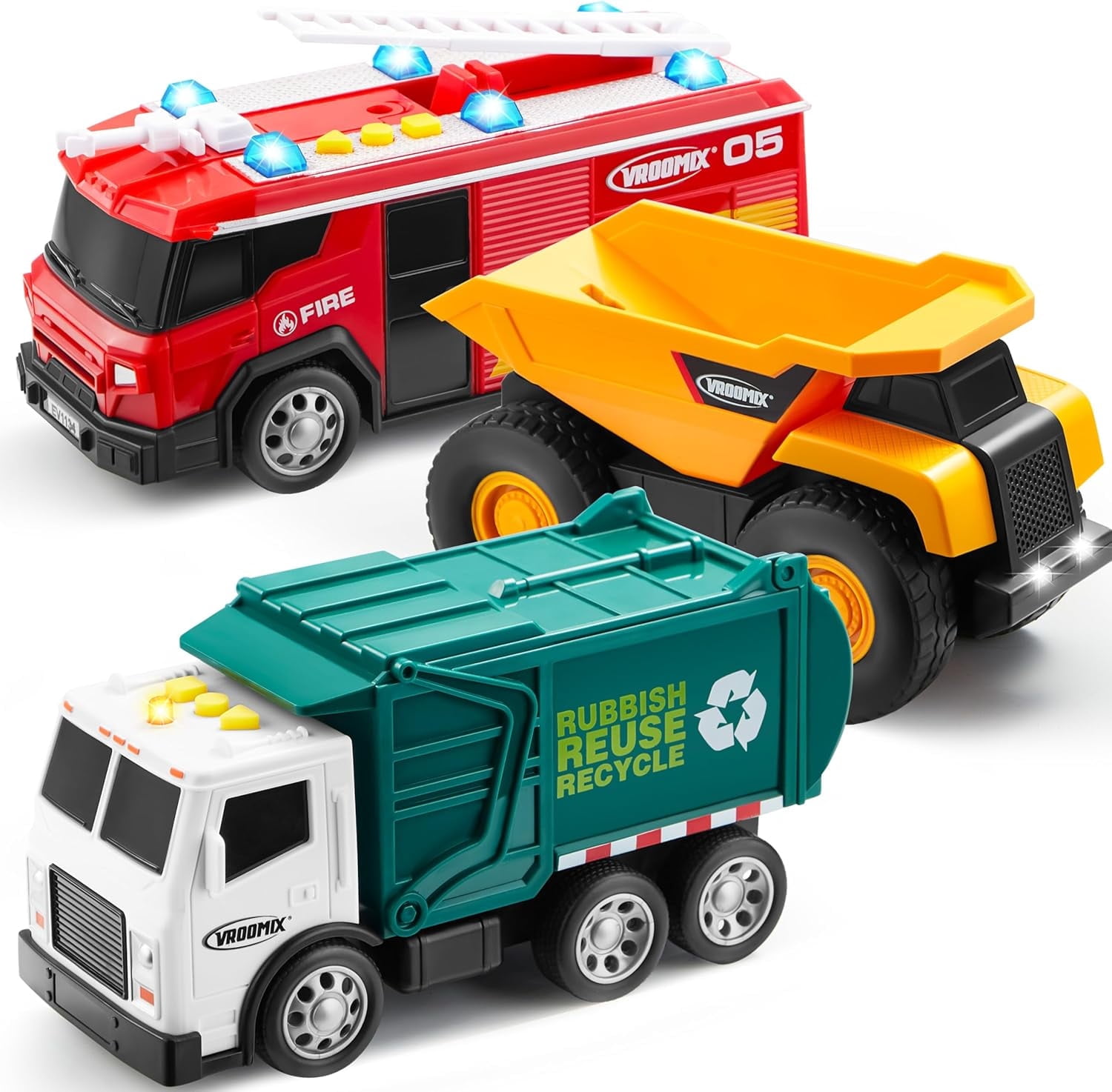 VROOMIX 3-Pack Emergency Vehicle Toy Set, Friction Powered Trucks