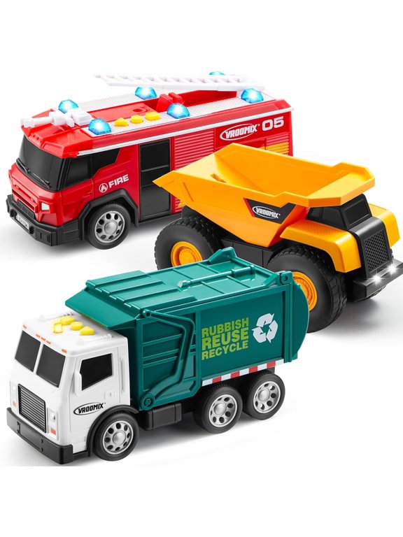 3-Pack Emergency Vehicle Toy Set Friction Powered Garbage Truck, Fire Truck, and Construction Vehicle with Lights and Sounds Educational Toy Set for Boys, Xmas Ideal Gift for Kids