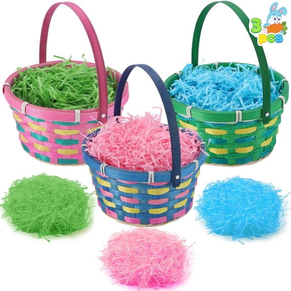 Joyfy 3 Pcs Easter Baskets for Kids,Easter Woven Basket with 3 Colors Grass,Handmade Woven Easter Basket with Handle for Easter Egg Hunt,Filling with Party Favors
